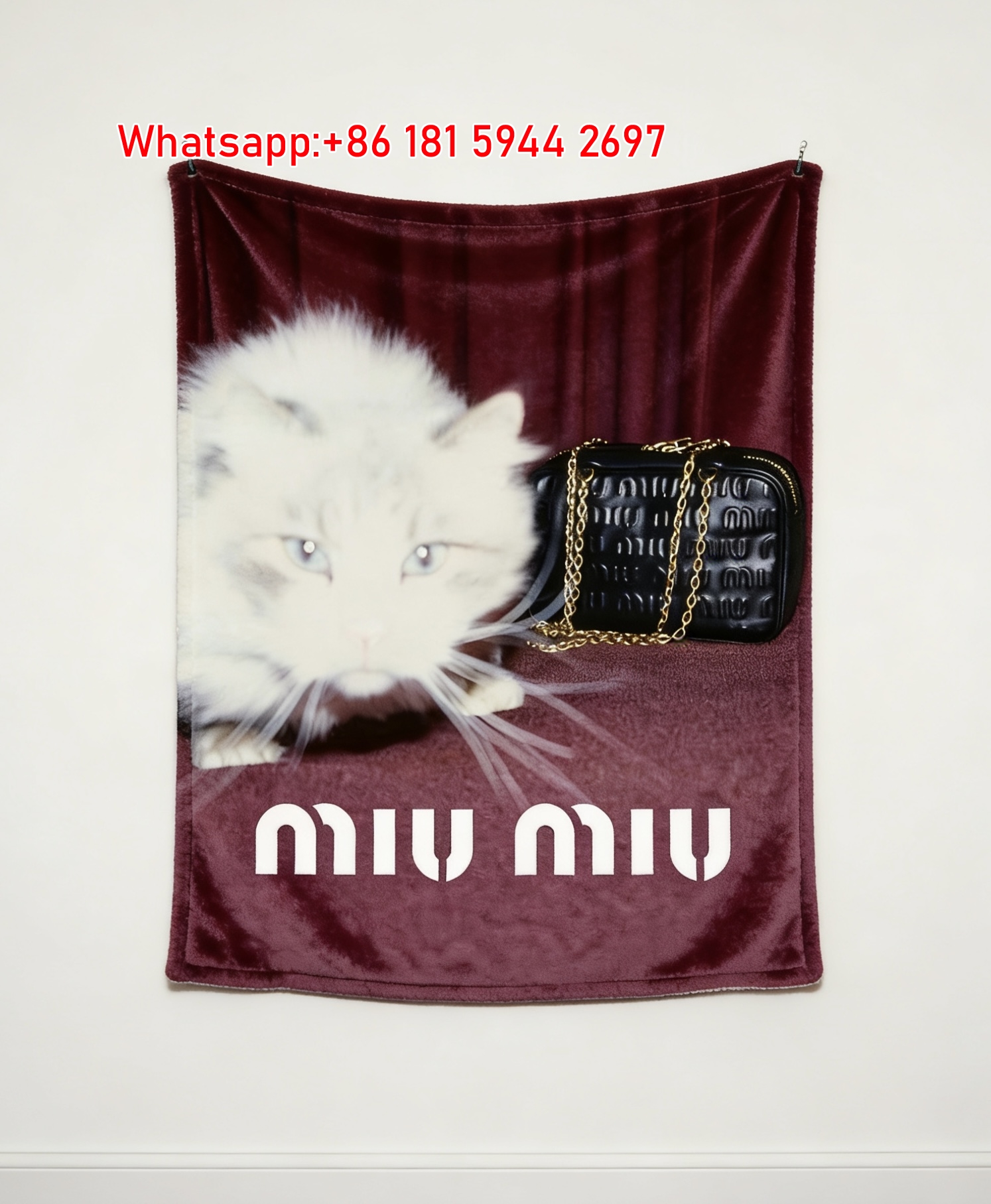 Miu Miu Deep Burgundy Background Cat and Black Bag Print Flannel Throw Blanket IMG_0399